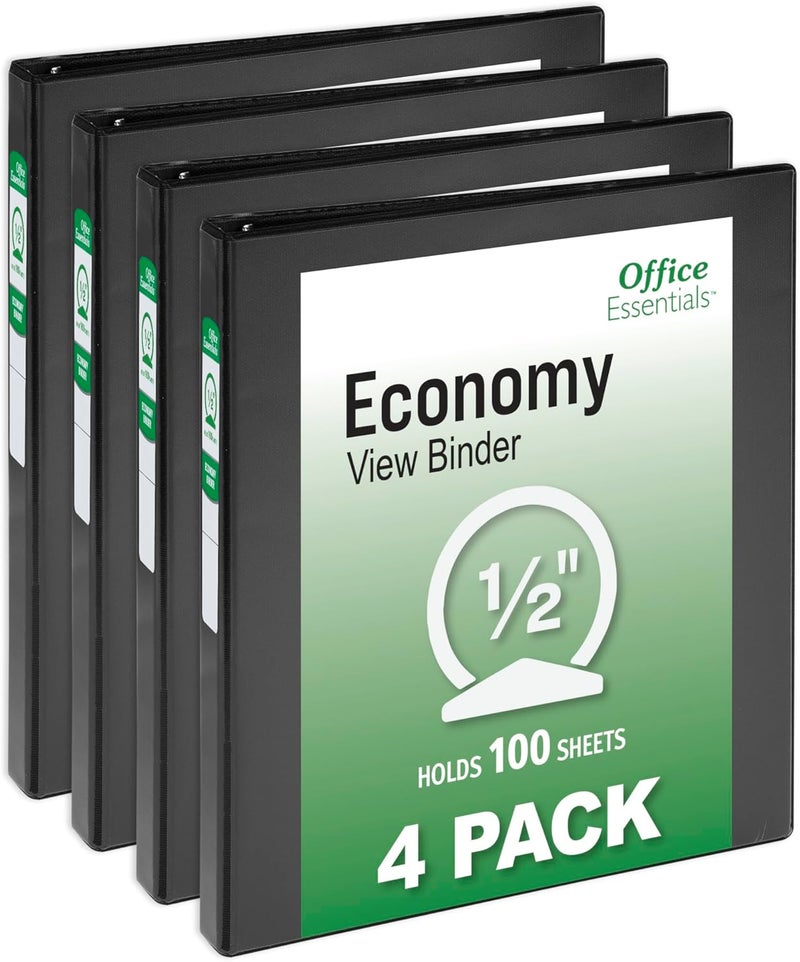 Office Essentials Economy View 3 Ring Binders, 0.5" Round Rings, 0.7" Spine, 100-Sheet Capacity, Black Binders (4-Pack of 03125) - Image 1